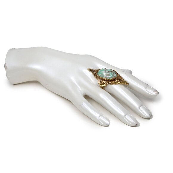 Ornate Goth Victorian Ring Marbled Stone Gold Green White Renaissance Statement - Picture 6 of 8